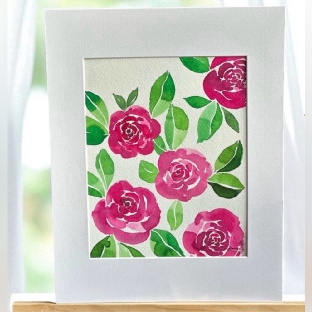 Hand-Made New Watercolor Art Pink Roses